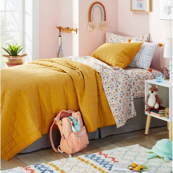 Twin Size Box Stitch Microfiber Kids' Quilt Yellow - Pillowfort - Picture 2 of 6